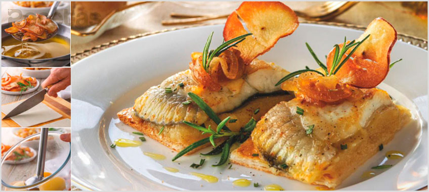 Rodaballo a la plancha con chips de manzana